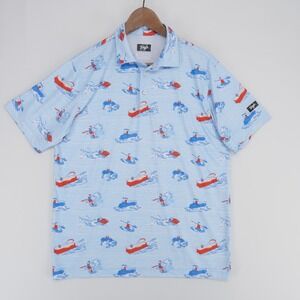 Waggle Lake Life Polo Shirt Mens L Light Blue Graphic Print Short Sleeve